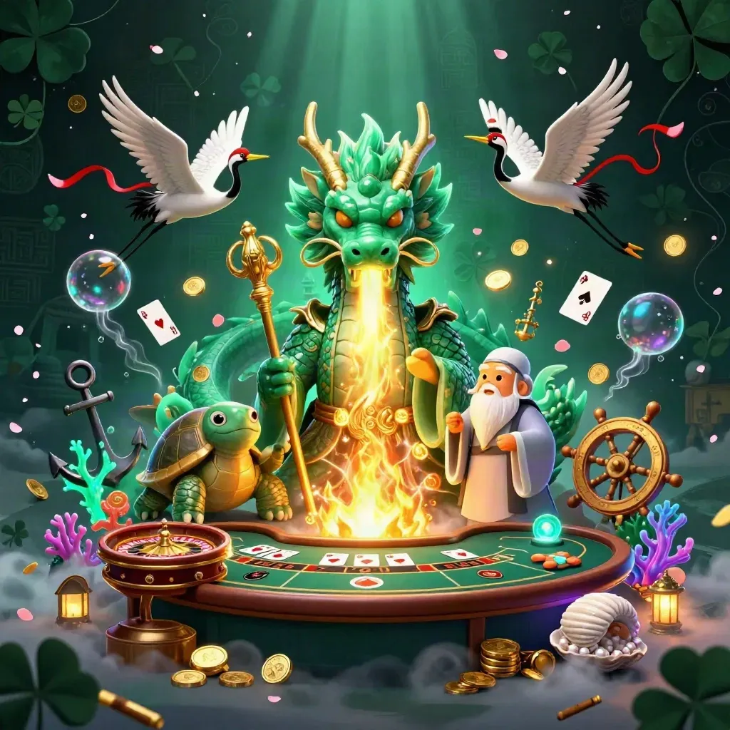 Jade dragon, turtle sage, and cranes amid neon casino treasure, gold fire, and mystical sea loot.