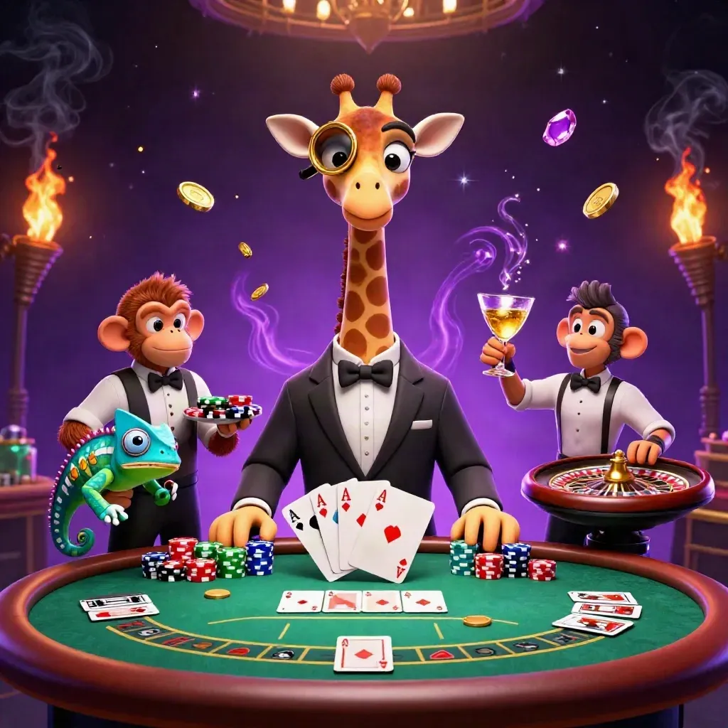 Giraffe, monkey, and chameleon in a neon VIP casino scene with chips, cards, and magic.