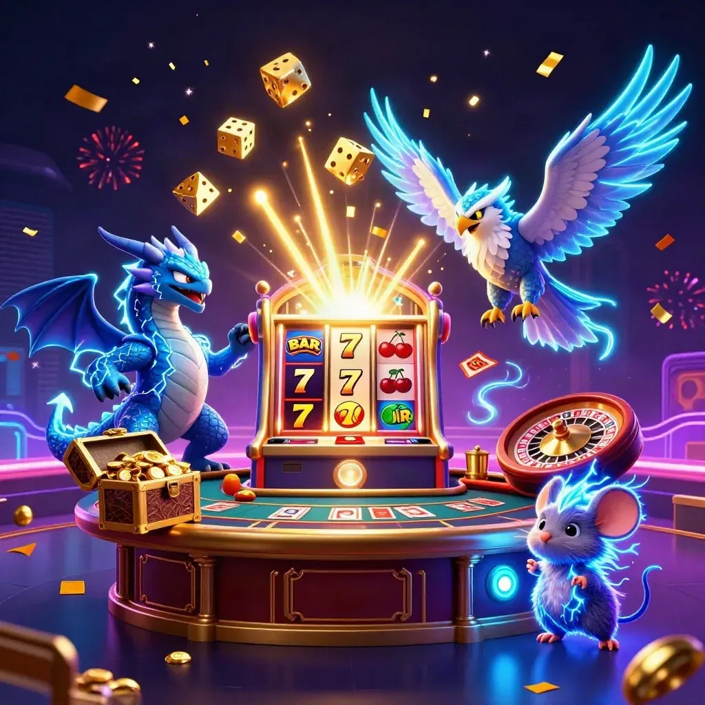 Thunder dragon, wind hawk, and thunder-mouse in a neon casino blast of gold, dice, and sparks.