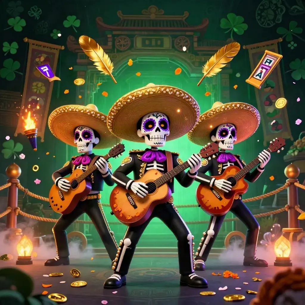 Skeleton mariachi trio amid neon casino effects, temple gate, coins, petals, and glowing runes.