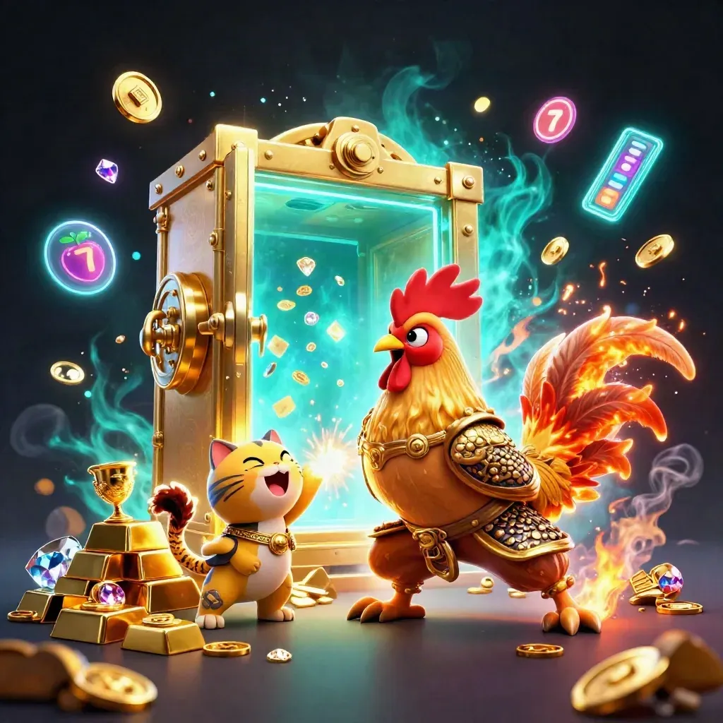 Rooster samurai, spark-breathing dragon hatchling, and fortune-cat erupt from a cyan-lit treasure vault.