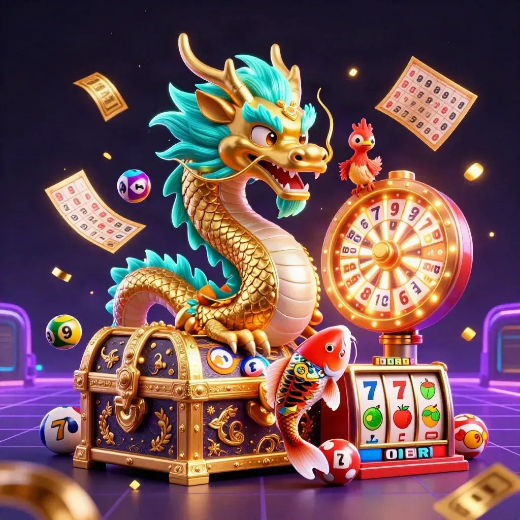 Golden dragon, phoenix, koi, and casino prizes burst in a neon cyan splash scene.