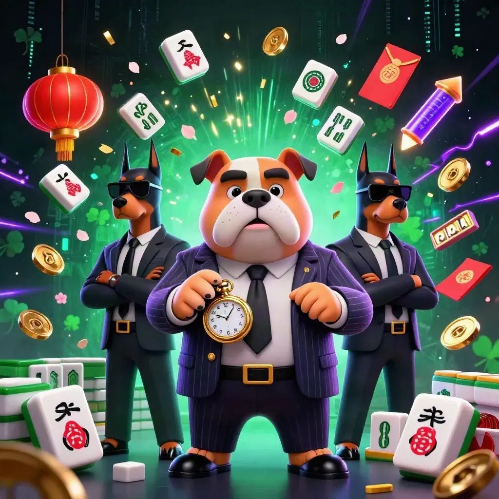 Bulldog mafia boss and two Dobermans amid casino loot, neon shards, and green-black luck glow.
