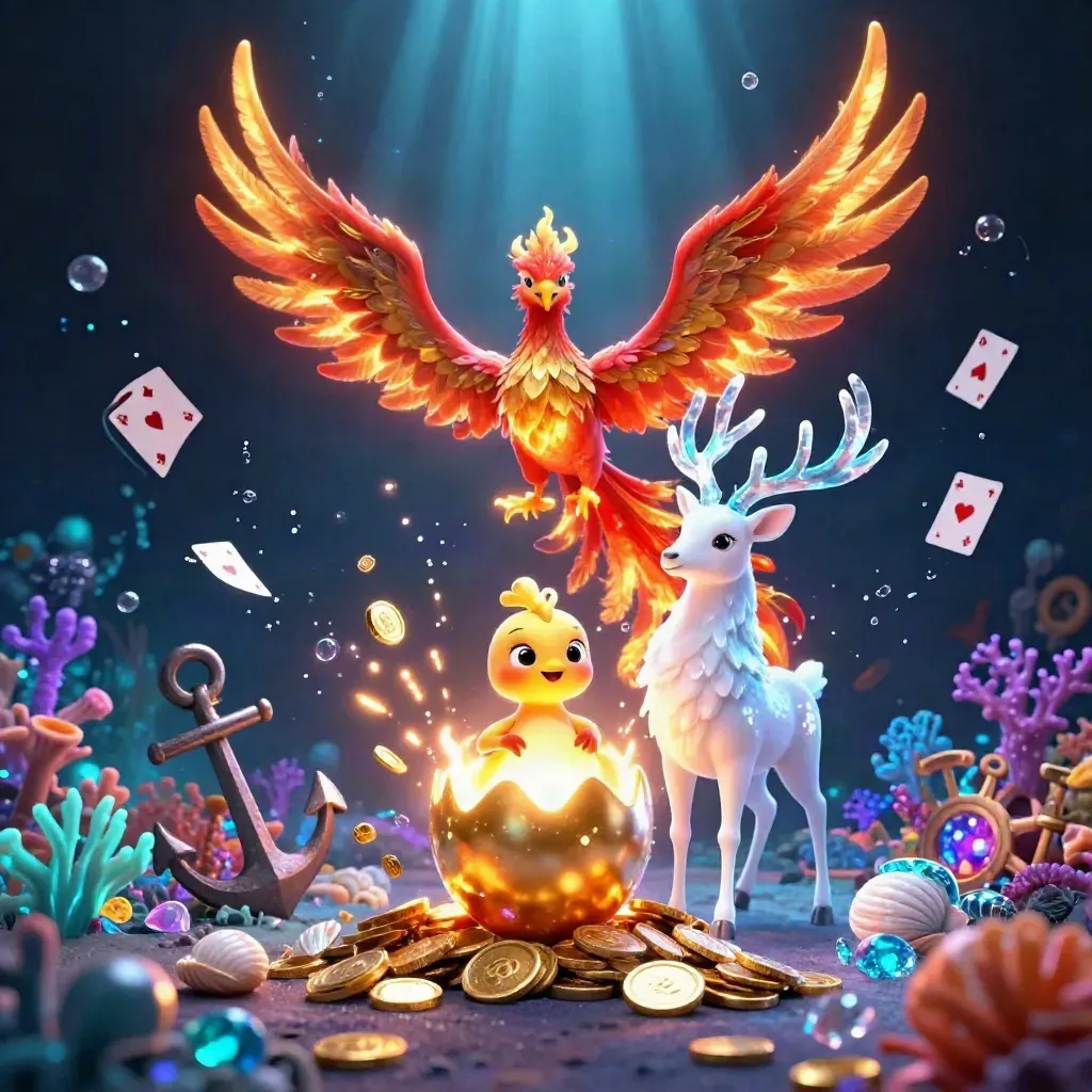 Phoenix, baby phoenix and crystal stag over a treasure cove with cyan magic and coins