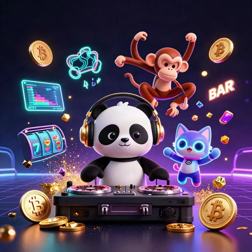 DJ panda, breakdancing monkey, and rave kitten amid neon crypto coins and casino sparks.