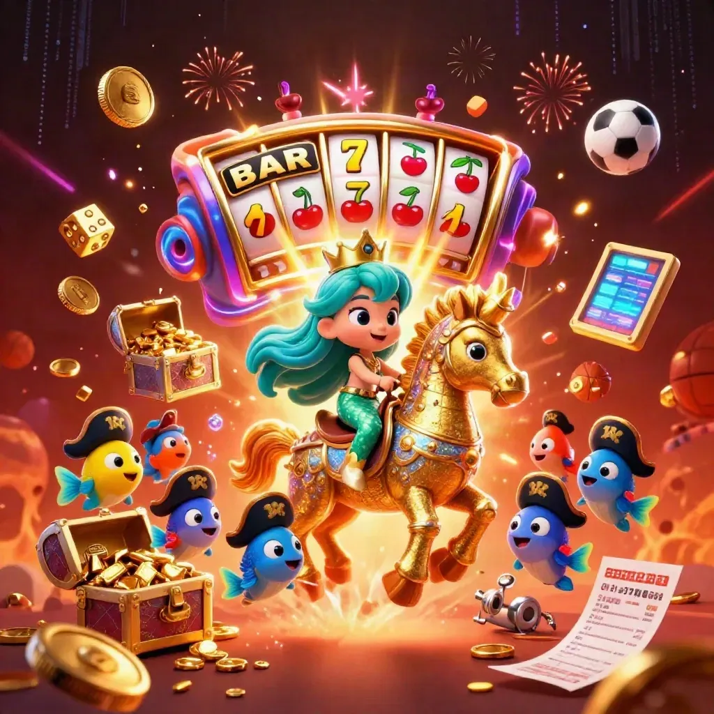 Mermaid princess on armored seahorse amid slot jackpot, gold coins, fireworks, and casino symbols.