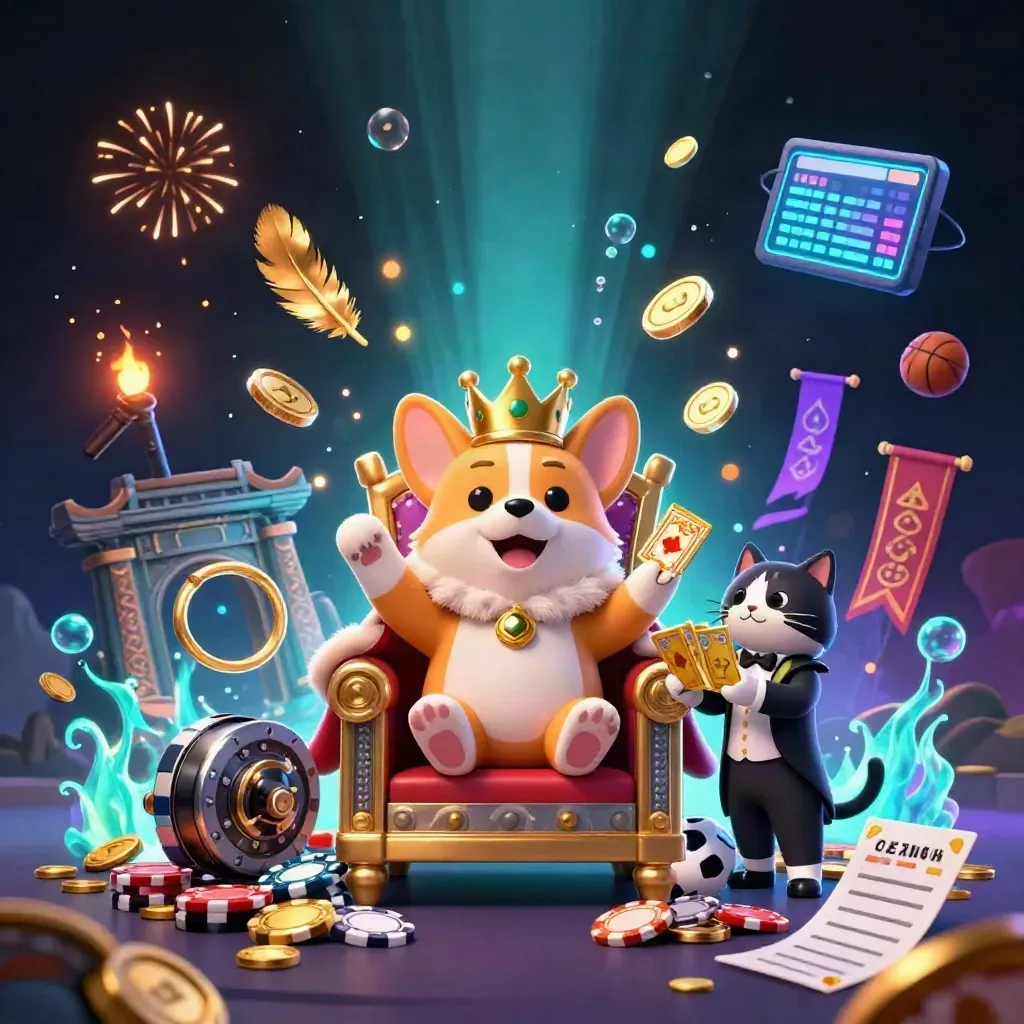 Royal corgi and cat butler amid bursting vault coins, fireworks, and neon casino effects.