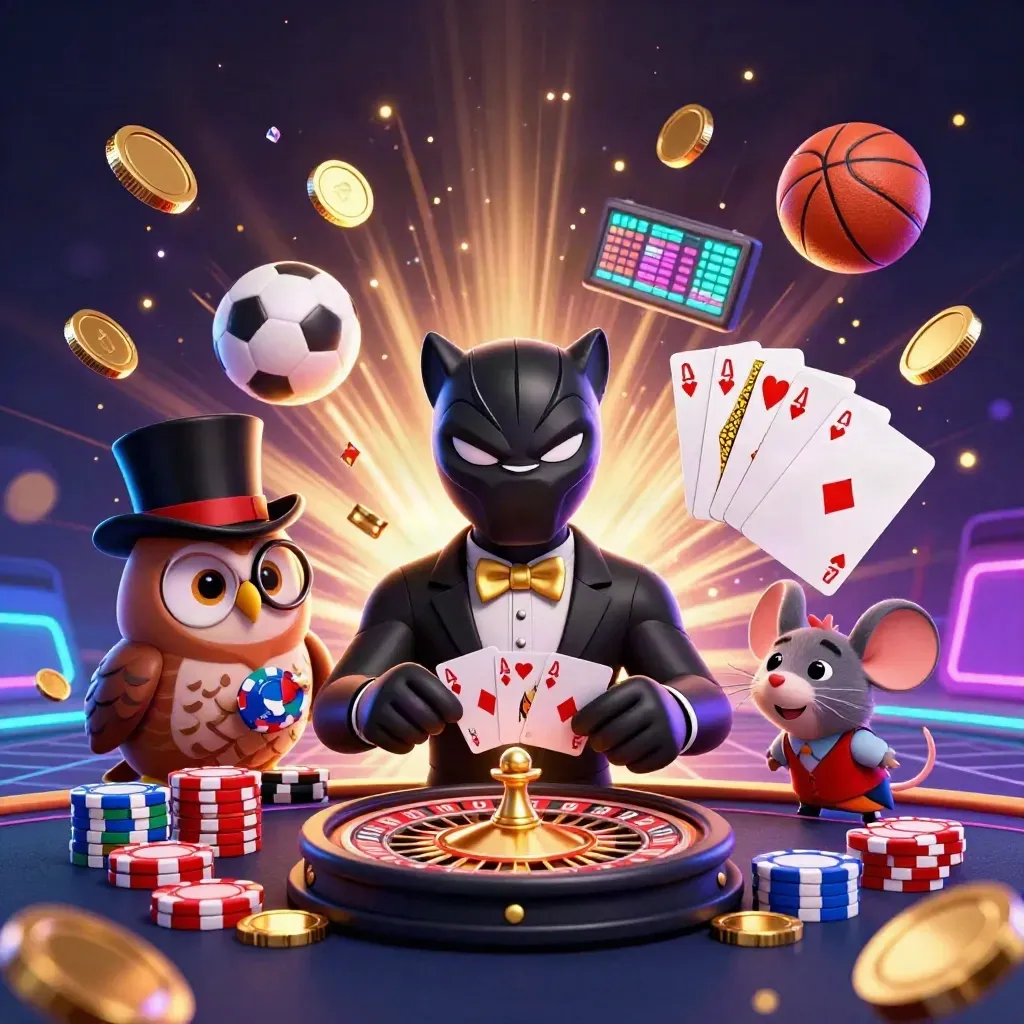 Panther, owl, and mouse amid flying coins, chips, cards, and neon casino fireworks.