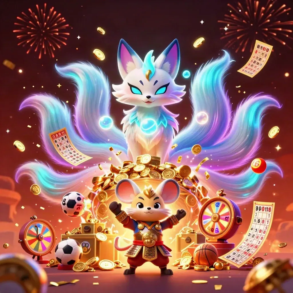 Neon fox spirit and golden mouse amid coins, tickets, balls, fireworks, and casino celebration chaos.