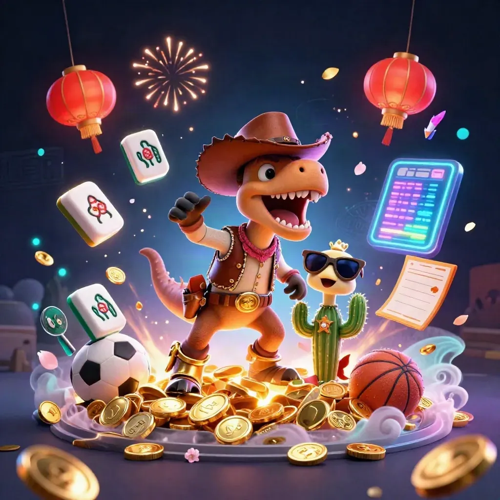 Treasure vault burst with cowboy T-Rex trio, neon casino loot, fireworks, and sports props