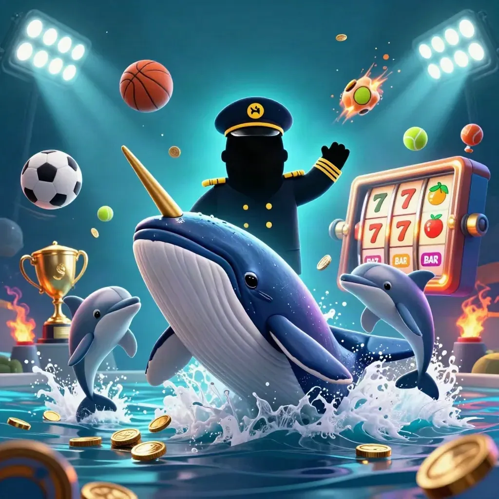 Captain whale, narwhal, and dolphins burst through coins in neon underwater casino key art.
