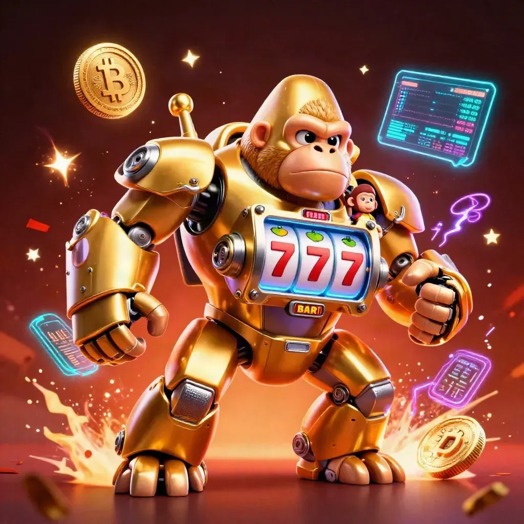 Golden slot-machine gorilla mech with monkey pilot amid neon coins and sparks