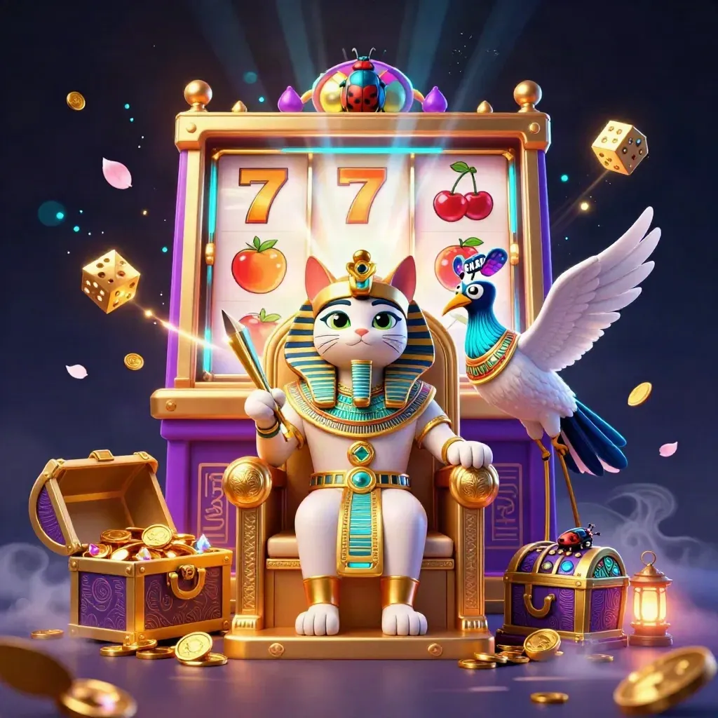 Pharaoh cat, ibis scribe and gem scarabs amid jackpot slot reels and gold on a dark neon backdrop