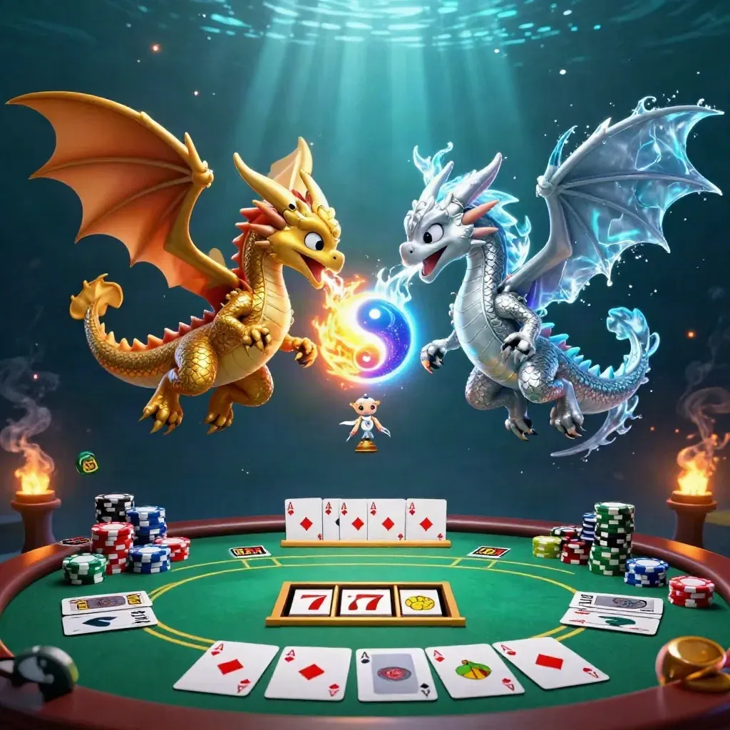 Gold and silver dragons swirl over casino cards, chips, reels, and blue underwater light