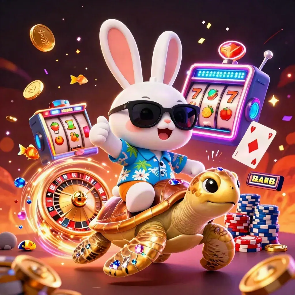 Lucky rabbit rides jeweled turtle amid casino chips, coins, cards, reels, and fireworks.