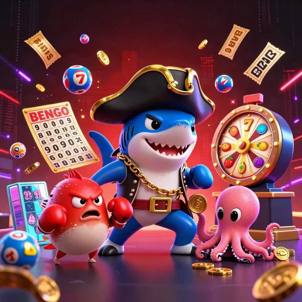 Shark pirate, boxing pufferfish, and coin-juggling octopus amid casino reels and neon energy.
