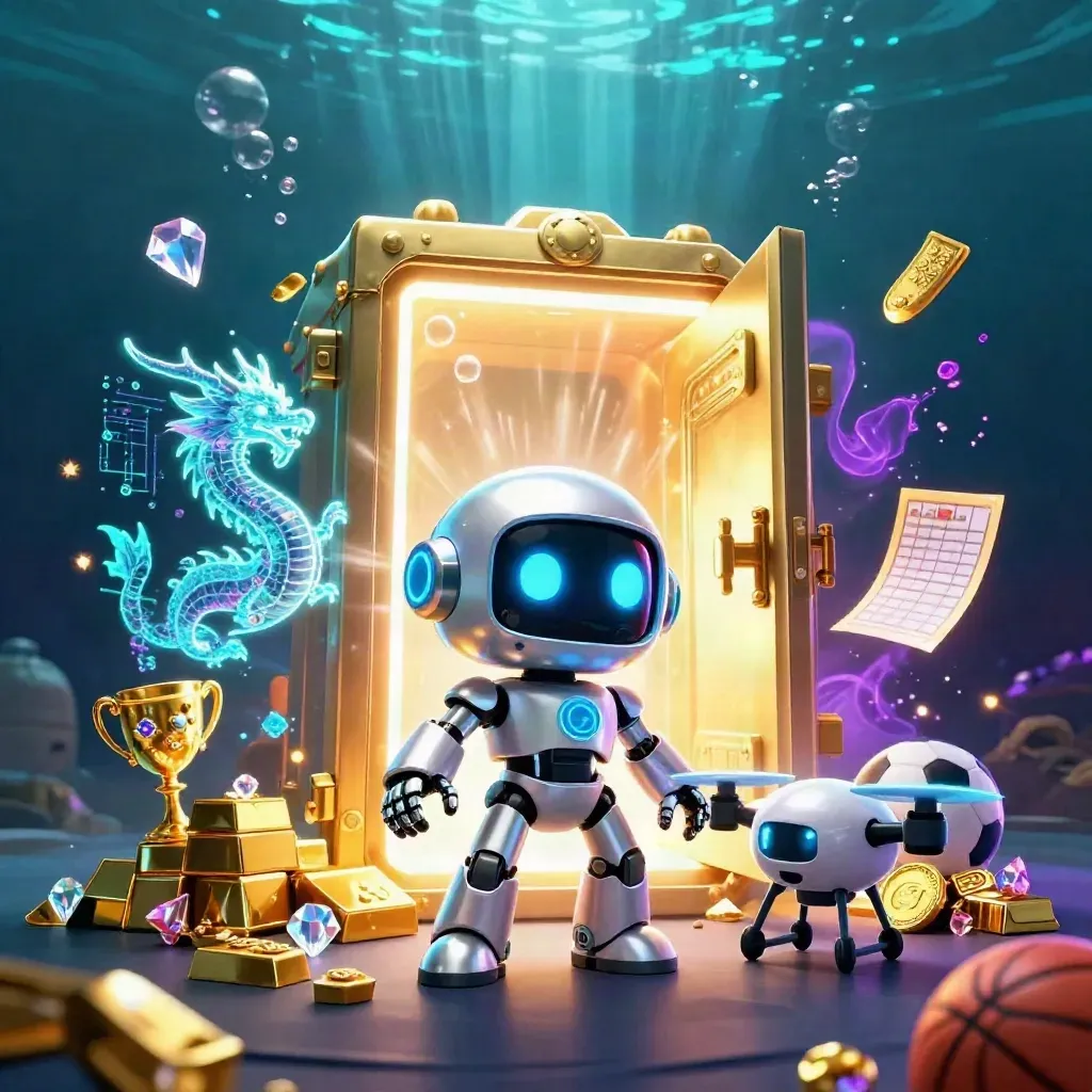 Cyberpunk robot, holographic dragon and coin drone amid gold vault, gems and neon underwater glow