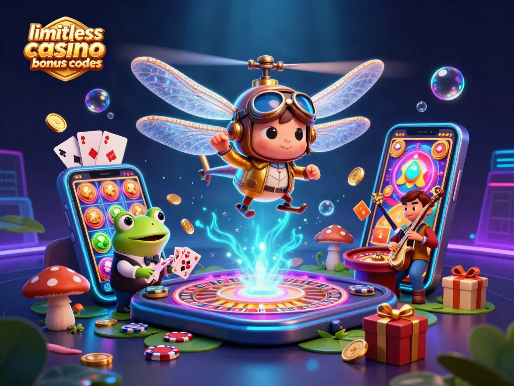 Engage with limitless casino bonus codes in a vibrant 3D scene of a dragonfly pilot and frog croupier.