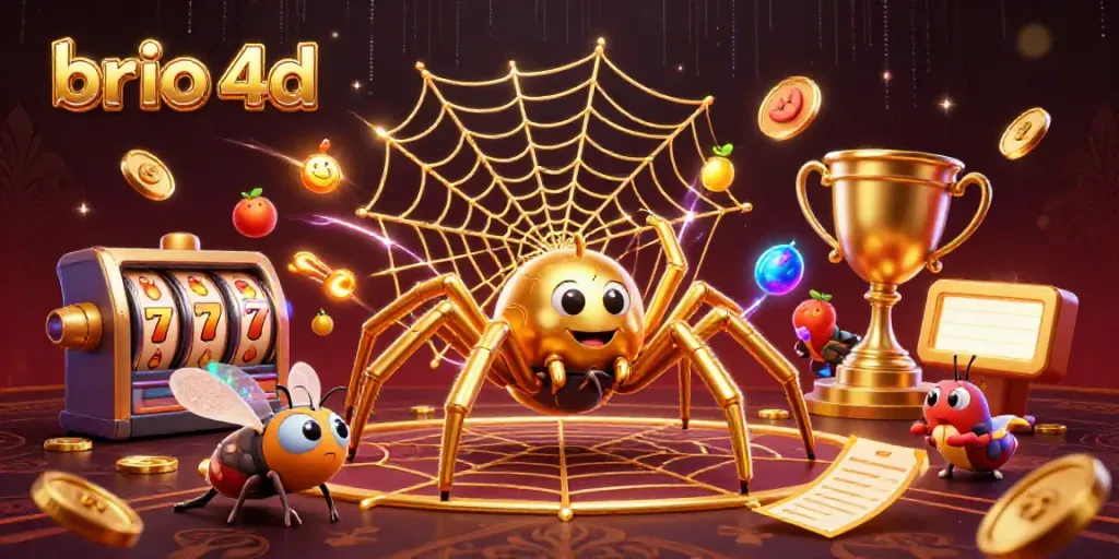 Experience the thrill of brio 4d with a 3D cartoon scene showcasing a golden spider and lively gaming elements.