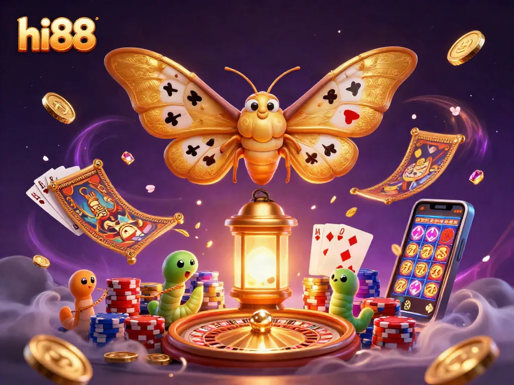 Experience hi88 with a vibrant scene of casino elements, showcasing a 3D cartoon moth and exciting games.