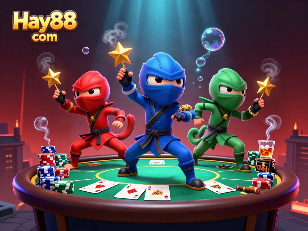 Engage in thrilling gameplay at Hay88 com with ninja chameleons showcasing poker action.