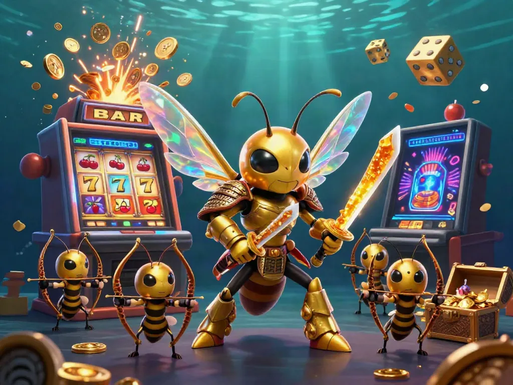 Join the excitement at fv88 trang chủ with a vibrant scene of golden hornets in samurai armor surrounded by casino elements, showcasing thrilling game features.