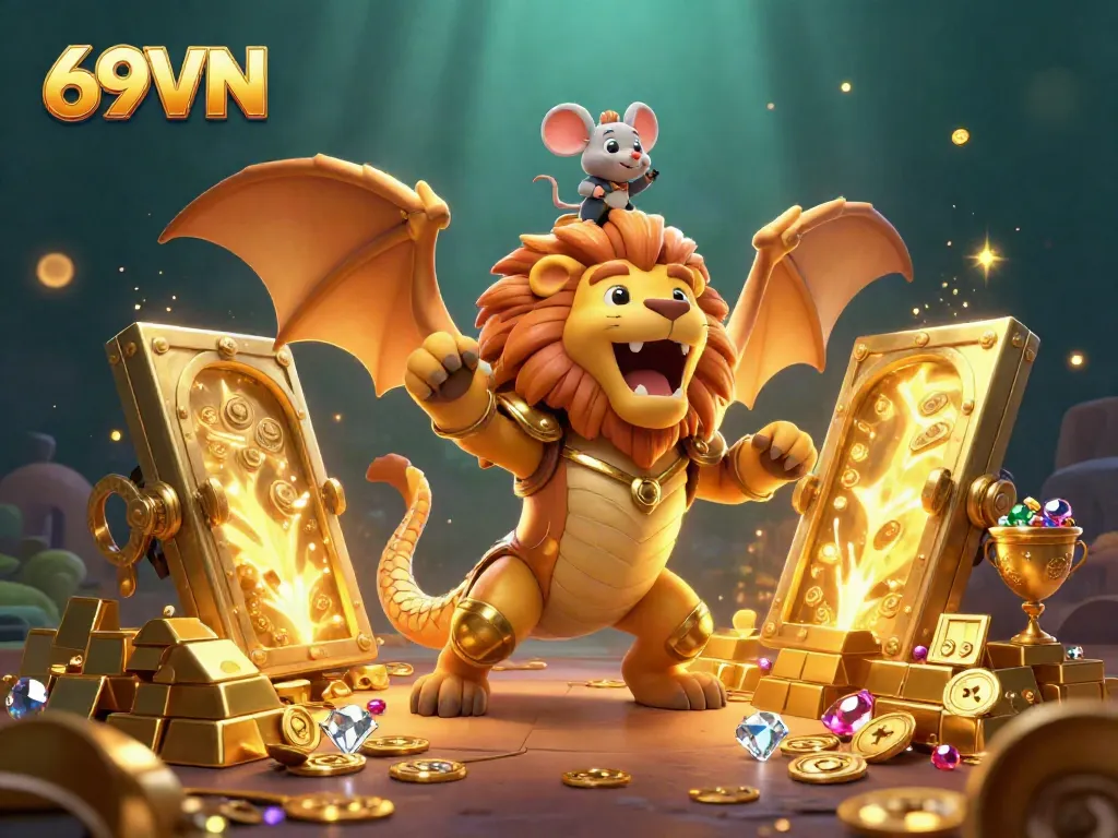 Experience the thrill of casino gaming with a dynamic illustration featuring 69VN, showcasing a roaring chimera with treasures.
