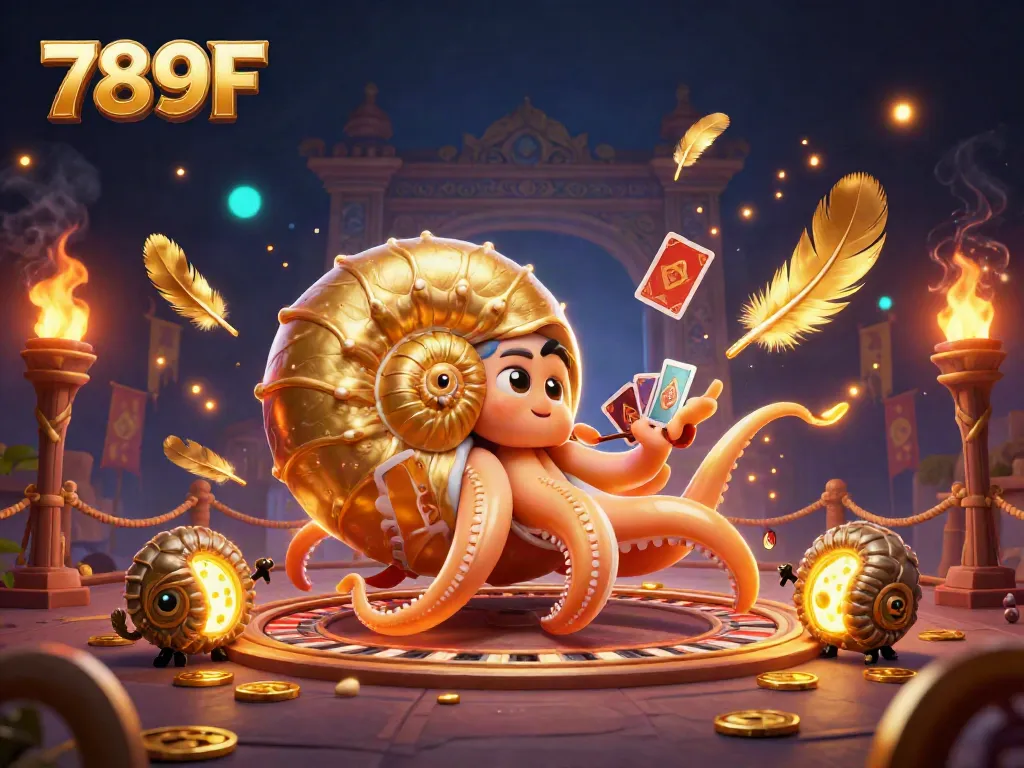 Engage in thrilling gaming adventures with 789F, featuring a giant nautilus roulette wheel and glowing gold elements.