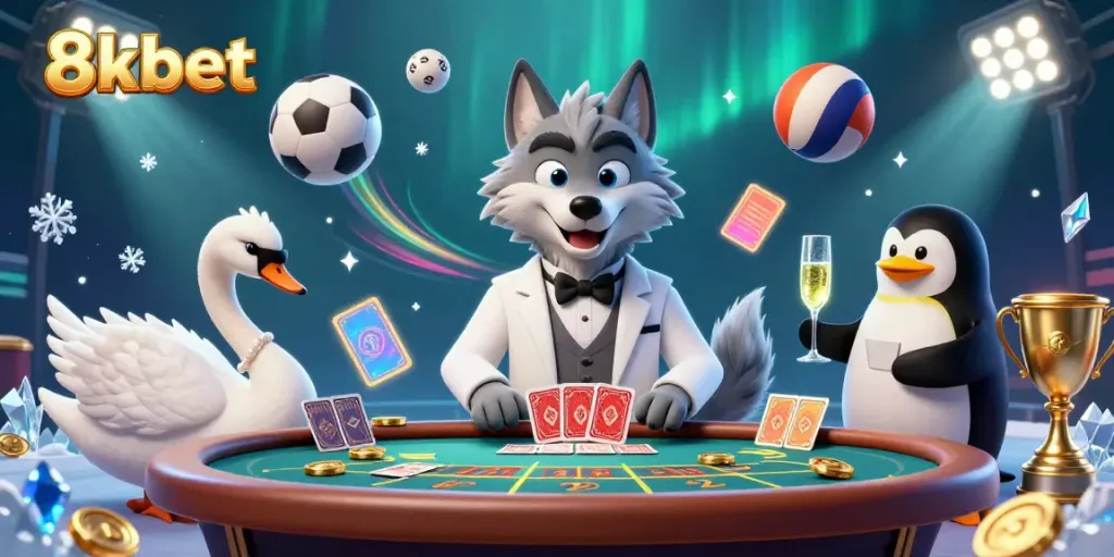 Engage in thrilling baccarat action at 8xbet with a charming wolf and elegant swan in a vibrant casino scene.