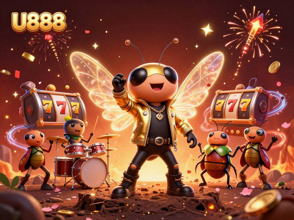 Experience thrilling slots at U888 with a dazzling rock star and vibrant gaming elements.
