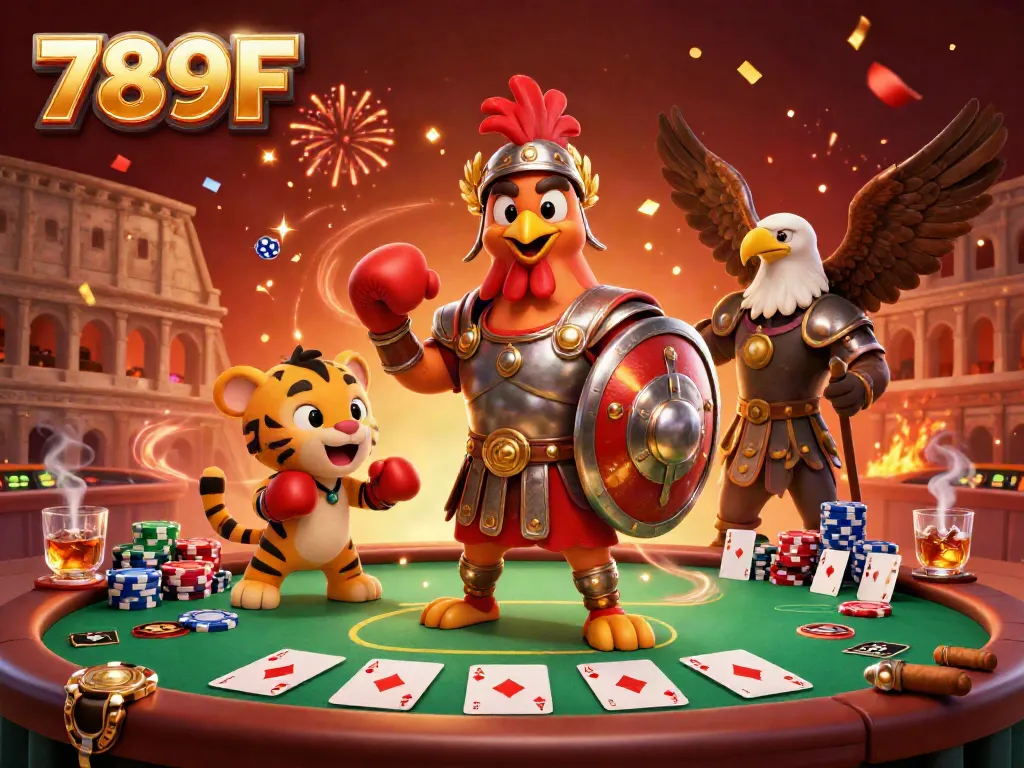 Engage in thrilling games at 789F, showcasing a dynamic colosseum scene with a gladiator rooster, tiger cub, and poker elements.