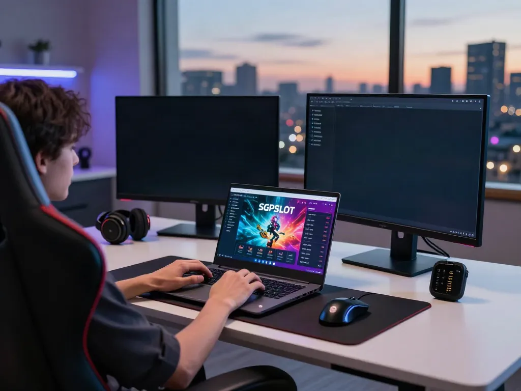 Engaging workspace with SGPSLOT link login interface on laptop, showcasing vibrant gaming setup.
