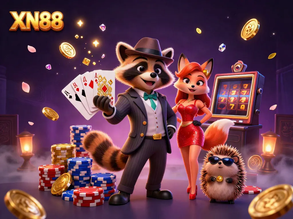 Engage in exhilarating gameplay with XN88, showcasing a raccoon, fox, and hedgehog in a vibrant 3D casino scene.