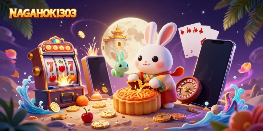 Permainan slot menarik dengan NAGAHOKI303 menampilkan kelinci bulan yang memukul bulan kue dan chip poker.