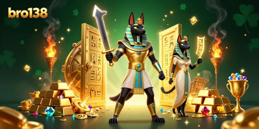 Experience thrilling gameplay at bro138 with golden treasures and energetic characters in a magical casino scene.