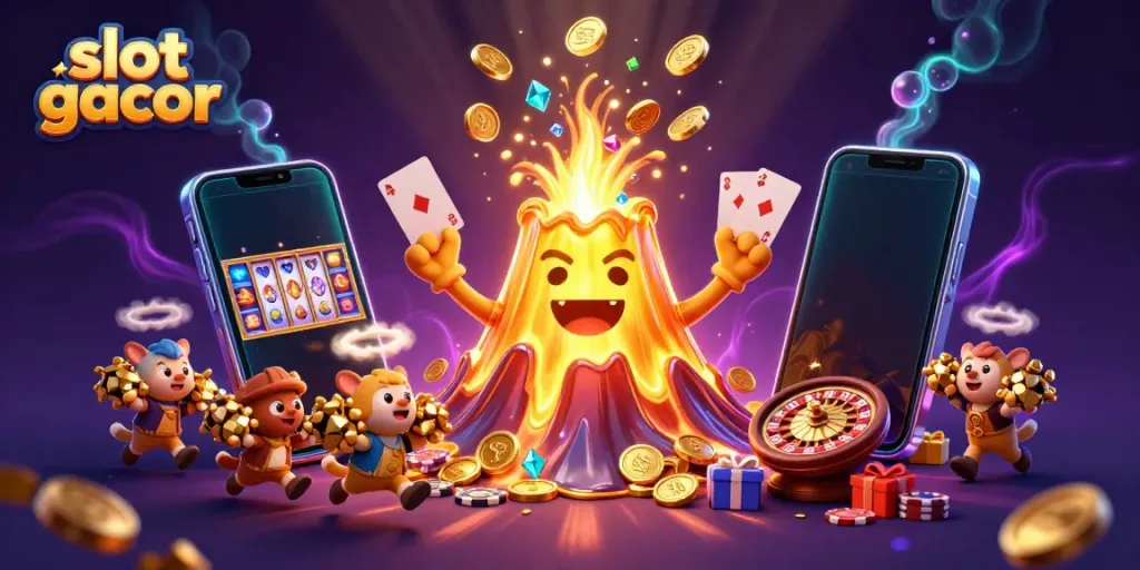 Experience slot gacor's excitement with a golden volcano erupting treasures and dynamic casino elements.