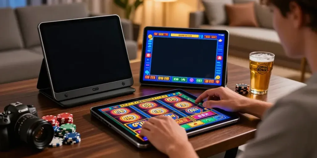 ผู้เล่นกำลังสนุกกับเกมสล็อตออนไลน์ joker128 ในบ้านอันทันสมัย