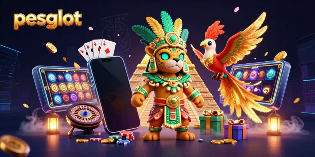 Win big with pesgslot as golden coins and slot reels animate around a vibrant casino scene.