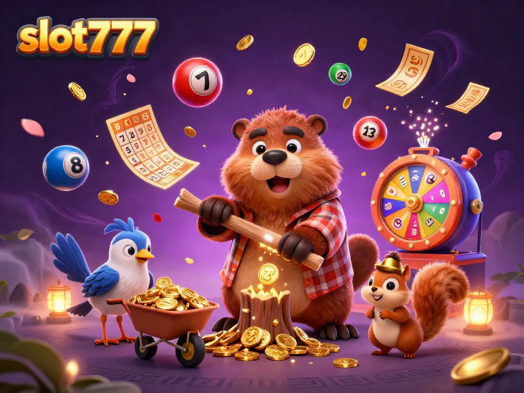 Menangkan slot777 dengan beaver yang mengumpulkan koin emas dan simbol lotere yang memukau.
