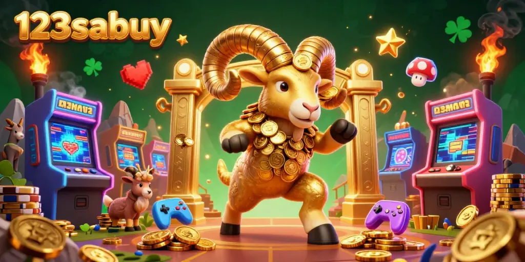 Experience the excitement at 123sabuy with a cartoon golden ram charging through a vibrant casino landscape.