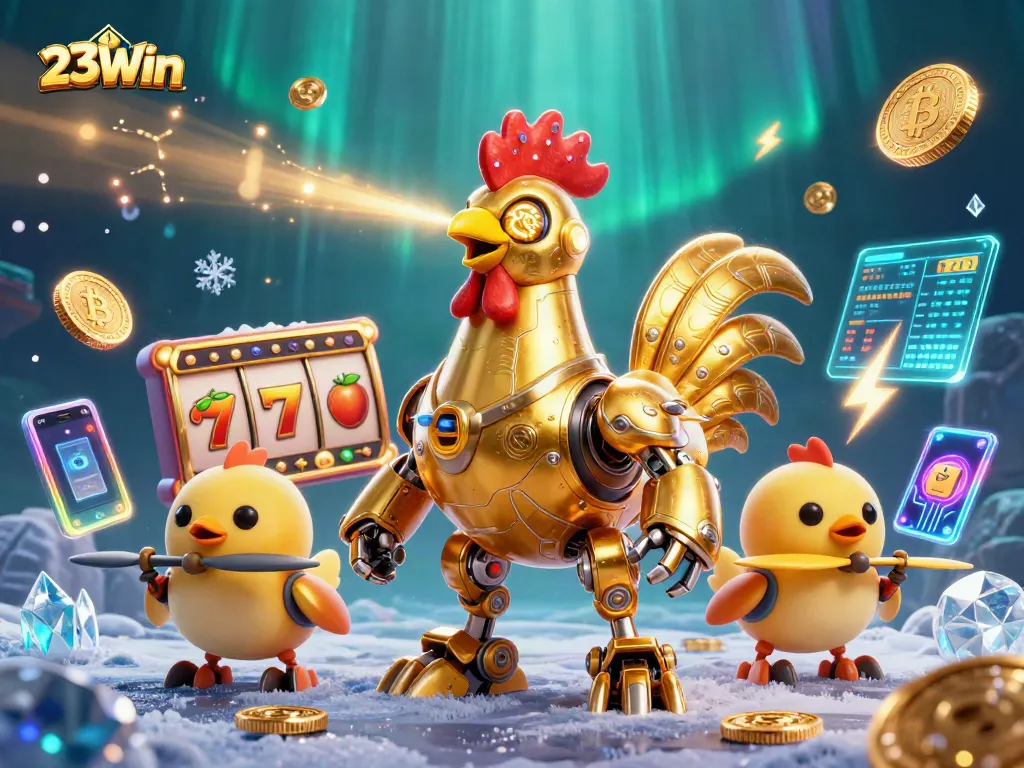 Experience thrilling slots with 23Win's vibrant gaming scene featuring a futuristic rooster robot.