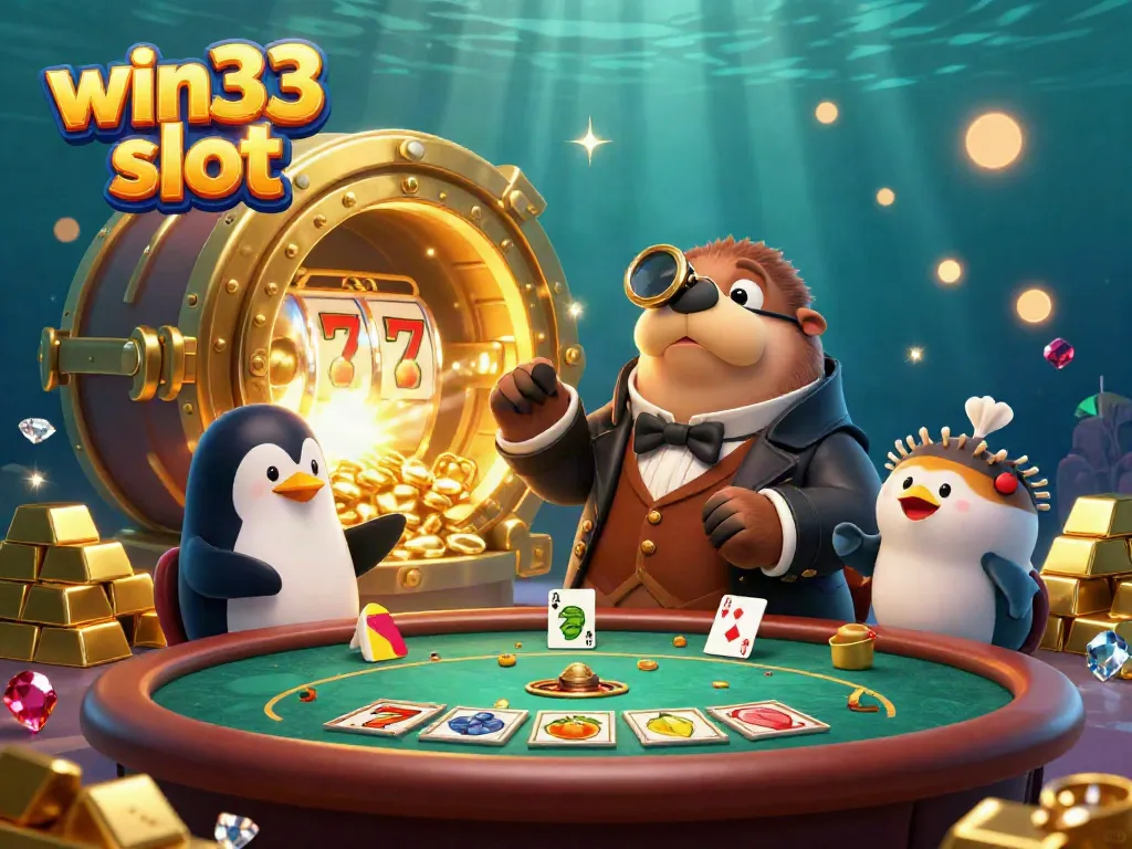 Experience thrilling gameplay with win33 slot at an underwater poker table featuring a walrus, penguin dealer, and pufferfish.