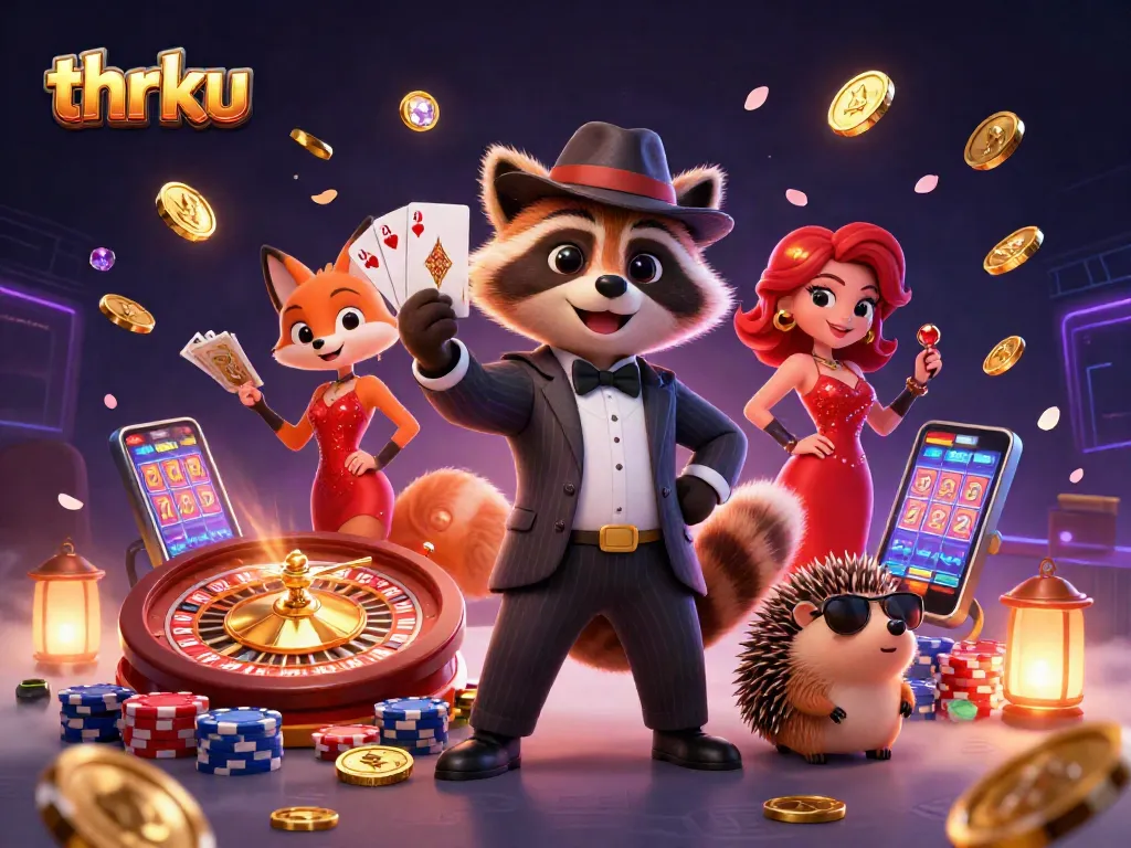 Experience thrilling gameplay with thrku featuring raccoon and fox at a vibrant casino scene.