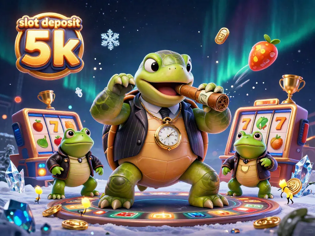 Experience thrilling slots with a charming snapping turtle in a suit in this dynamic slot deposit 5k illustration.
