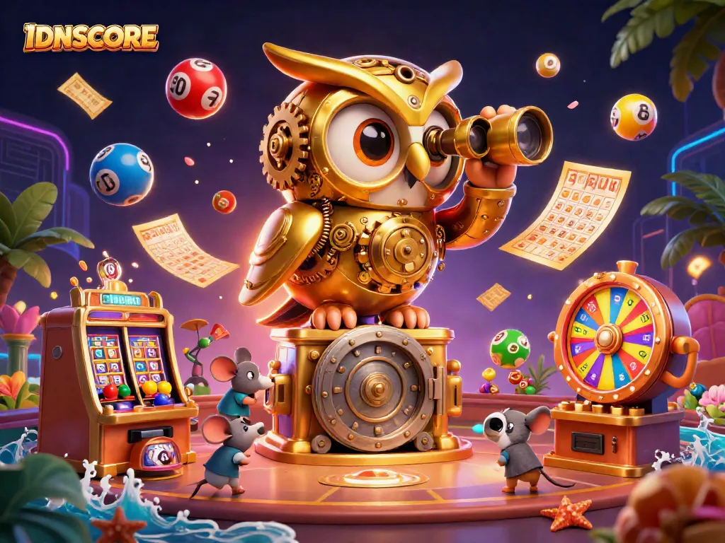 Engage in thrilling gambling with IDNSCORE's dynamic casino scene featuring an owl and wind-up mice.