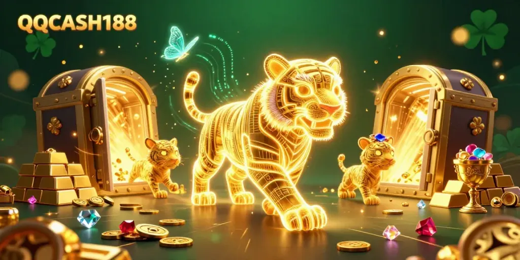 Experience the thrill of QQCASH188 with a neon golden tiger in a vibrant casino scene.