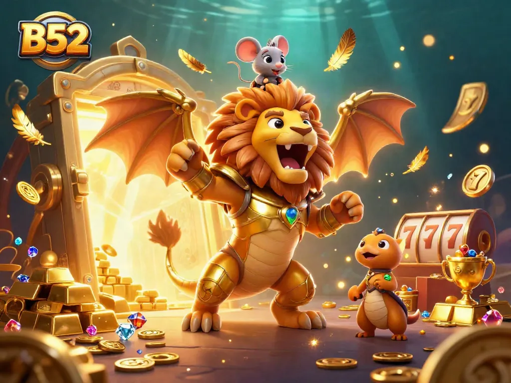 B52 casino adventure featuring a golden chimera and mouse jockey amidst treasures and slot symbols.