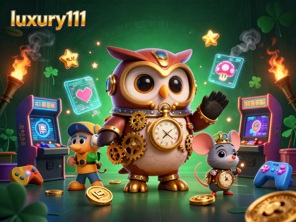 Experience thrilling wins with luxury111 in this vibrant 3D casino scene featuring fun characters and gaming elements.