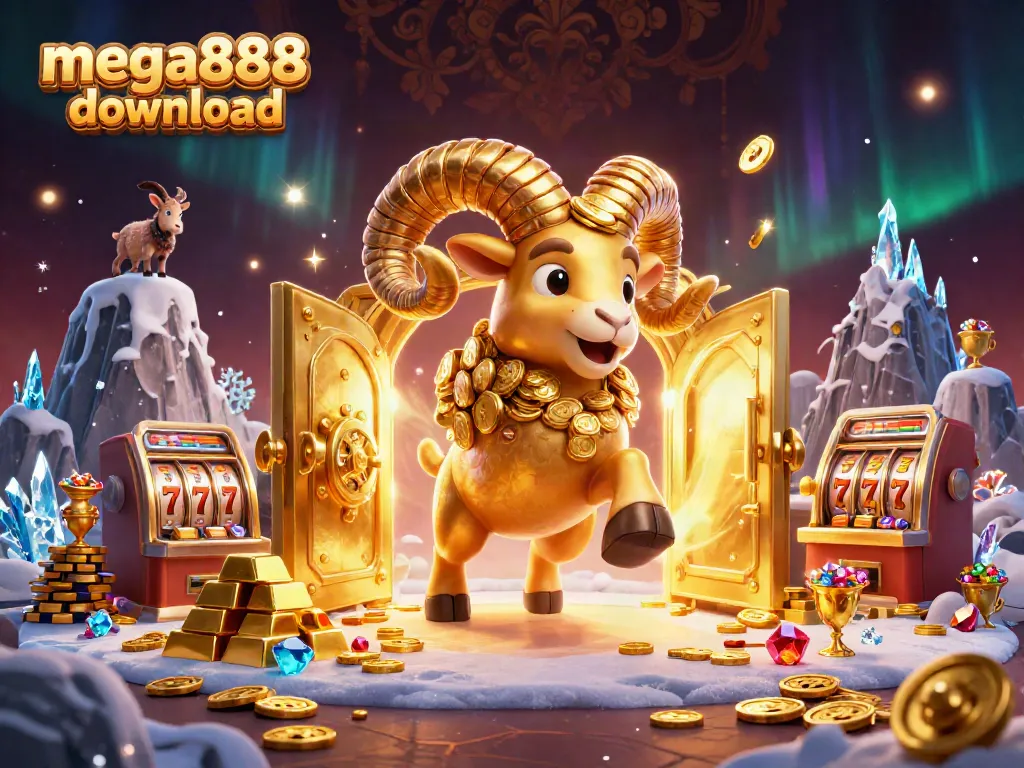 Engage in thrilling gaming experiences with mega888 download featuring a 3D golden ram amidst slot machines and treasure.