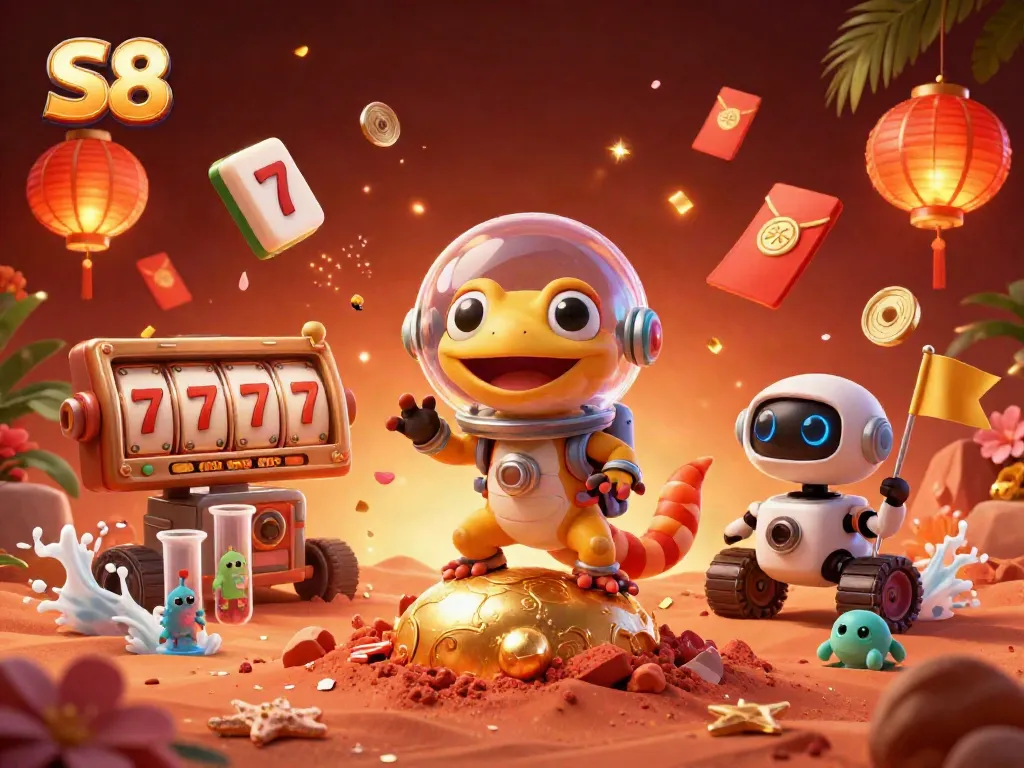 S8 casino-themed 3D illustration featuring a Martian gecko discovering a golden gambling paradise.